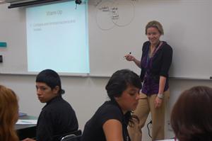 Alexis Hanson leads a 10th grade biology lesson. Biology test scores went up again this year.