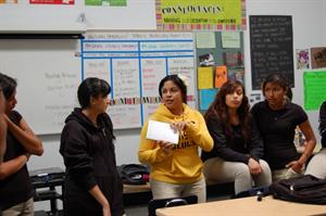 Student Council president Jessica Ramos discusses issues with vice president Liliana Ruiz, treasurer Katia Martinez and Marylin Estrada. Student Council meets third period in room 5. 
