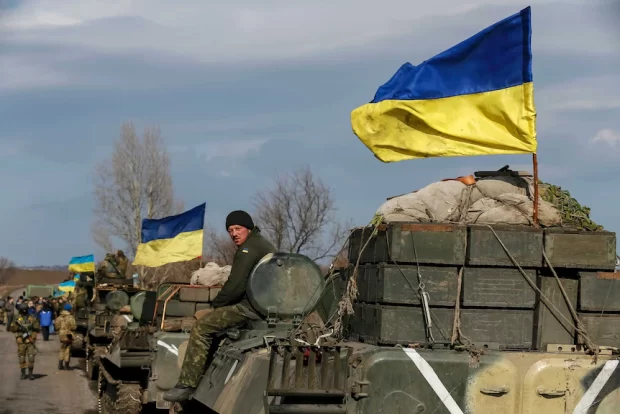 A lineup of tanks on the Ukrainian side of the border. /ABC