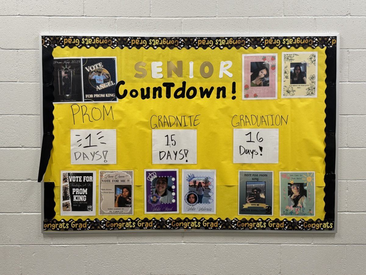 The senior bulletin board counts down the days to prom, grad nite, and graduation.
